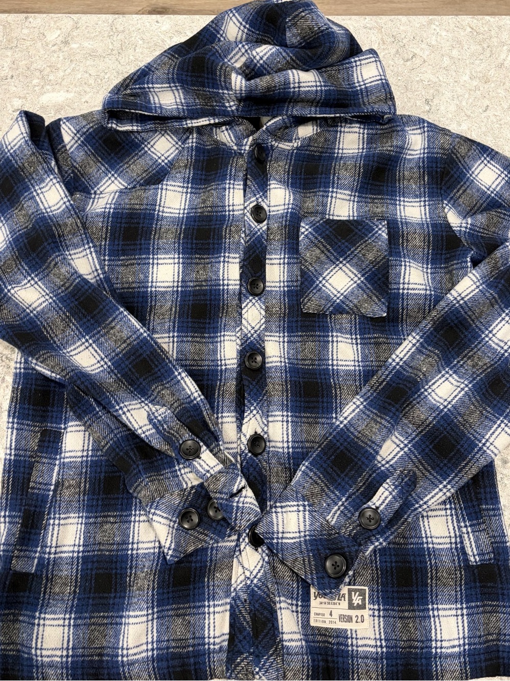 YoungLA Men's Blue Plaid Button-Up Shirt Jacket - Hooded-Large